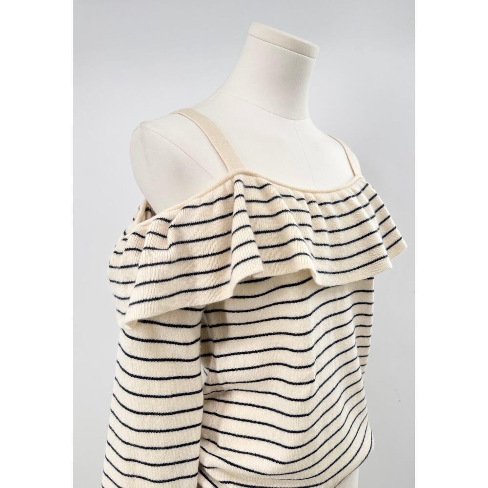 Joie Cream Navy Stripe Wool Cashmere Sweater Cold Shoulder Ruffle Knit S - Picture 2 of 7